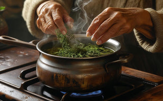 Elderly hands brewing herbal tea in Mediterranean-style setting – inspired by Netflix Blue Zones Documentary - Live to 100